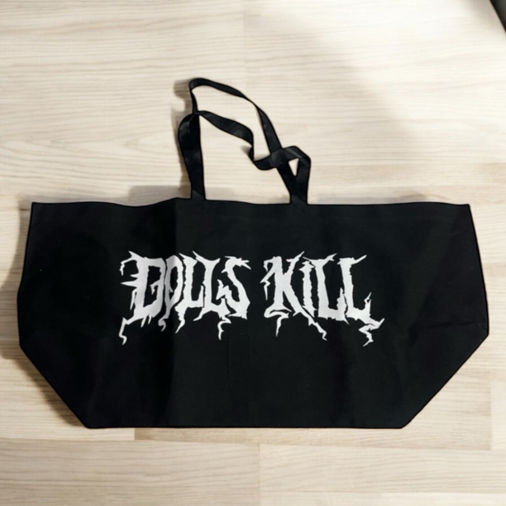 DOLLS KILL BLACK OVERSIZED LOGO SAMPLE TOTE BAG